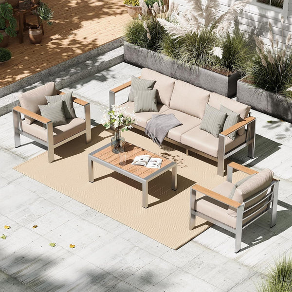 Aluminum Outdoor Patio Furniture Set with Coffee Table, 4 Piece Patio Conversation Sets with Washable Thick Cushions, Outdoor Sectional Furniture Set for Porch, Balcony, Deck, Silver1