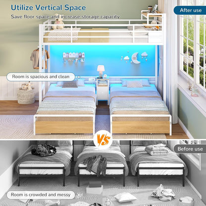 Triple Bunk Bed with Storage Drawers and Bedside Shelf, Twin over Twin Bunk Bed for Kids/Teens with LED Lights and Charging Station, Heavy Duty Metal Bunk Beds with Safety Guardrail and Ladder, White8