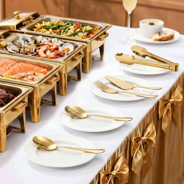 11PCS Stainless Steel Gold Serving Utensils, 8.7''Serving Spoons,8.7''Slotted Spoons, Serving Fork, 9'' Serving Tongs,Cake Server,Hostess Serving Set for Chafing Dish Buffet Catering Parties5