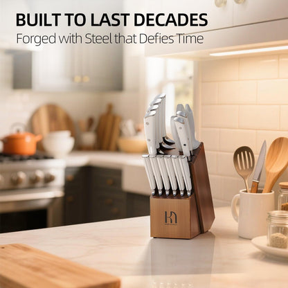 15 Pcs Japanese Knife Set with Sharpener, Premuim, Razor Sharp | Innovative Steel, High Carbon Stainless, Enduring Sharpness, Ergonomic Handle, Quality Acacia Wood Block, Full-Tang, Gift Box7