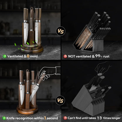 14-Piece Kitchen Knife Set with Magnetic Block, New for 2026 | 360° Rotatable Block, Japanese Style Chef Knife & Steak Knife Set with Sharpener, Wood Handle, Damascus Pattern, Ideal Gift4
