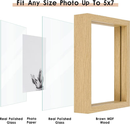 5X7 Floating Frame Set of 2,Double Glass Rustic Photo Frame for Wall Hanging or Tabletop Standing,Also Display 4X6 or 3X5 Photo for Floating Effect,Natural5