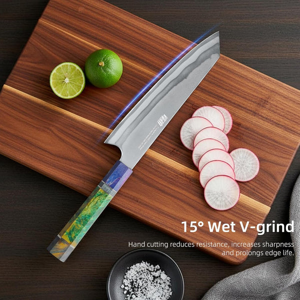 8 Inch Kiritsuke Chef Knife, Japanese-Style Kitchen Knife with 7-Layer 440C Clad Steel Blade, Colorful Stabilized Wood Octagonal Handle, Versatile for Slicing, Chopping, Dicing and Meal Prep4