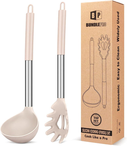 Silicone Pasta Fork and Soup Ladle Spoon Set, 2 Pack, Khaki1