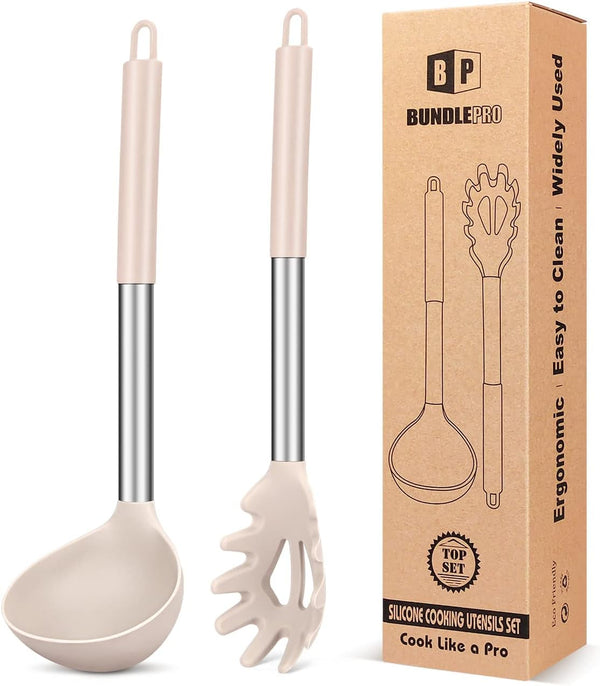 Silicone Pasta Fork and Soup Ladle Spoon Set, 2 Pack, Khaki1