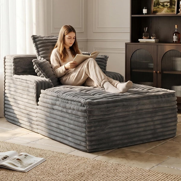 Boneless Chaise Lounge Couch Indoor, Small Corduroy Upholstered Sleeper Sofa Bed Reading Chairs with 3 Pillows, Fluffy Comfy Cloud Sofas Couches, Compression Boneless Sofa for Small Corner1