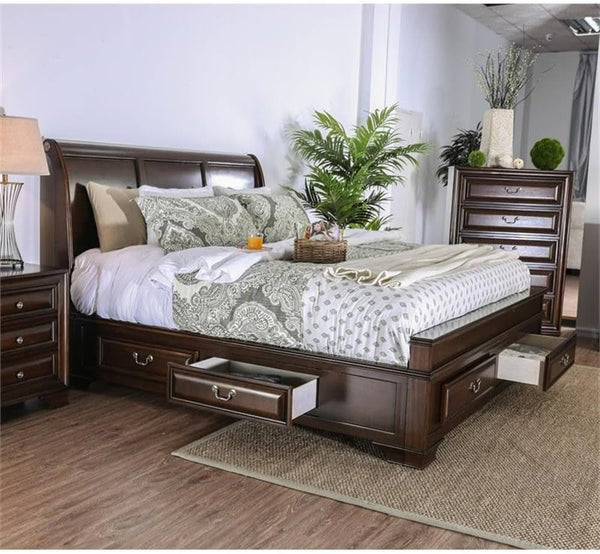 Transitional Wood Queen Storage Platform Bed, Brown Cherry Finish, 91.75" L X 64.75" W X 54" H, 6 Drawers, Arched Panel Headboard, Solid Wood Frame, Durable MDF Slats, Bedroom Furniture3