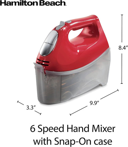 6-Speed Electric Hand Mixer with Quickburst and Bowl Rest | 275 Watt Motor | Traditional Beaters | Whisk | Dough Hooks | Snap-On Storage Case | Red | 62633G8