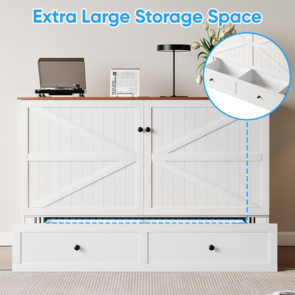 Murphy Bed Full with Mattress Included, Farmhouse Frame Cabinet Beds Chest with Charging Station & Storage Drawers, Convertible Hideaway Cabinet Bed for Guest Room, White6