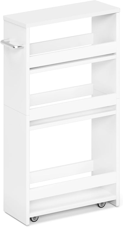Slim Rolling Storage Cart, Wood Utility Kitchen Bathroom Laundry Cart | 4 Tier Kitchen Cart with Wheels Handle, Laundry Room Organization, Narrow Bathroom Storage Cabinet, 5.5" Wide Storage Trolley1