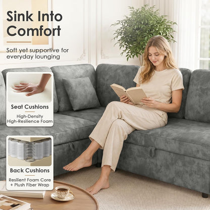 81'' Modular Sectional Sofa with Pull Out Bed, 5-Seater L Shaped Sleeper Sofa with Adjustable Backrest | Side Table | USB Charging Ports, Sectional Couches for Living Room(Chenille, Grey)7