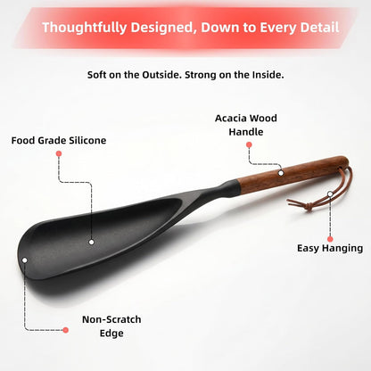 2-Pack Silicone Spoonula with Wooden Handle, Bpa-Free Spatula Spoon for Nonstick Cookware, Heat Resistant Cooking Spoon for Mixing, Scraping, Scooping and Serving(Black)2