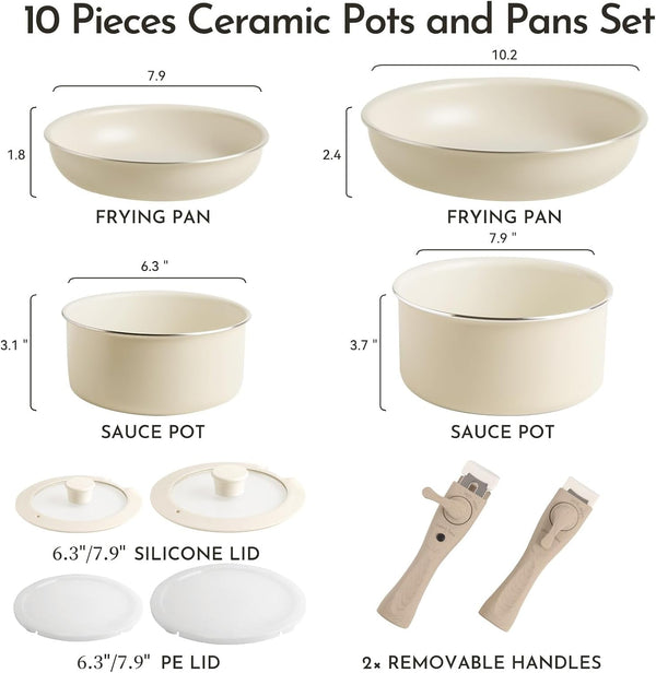 18-Piece Ceramic Nonstick Cookware Set, Pfas/Pfoa/Ptfe-Free & Non-Toxic Pots and Pans Set with Detachable Handles, Dishwasher Safe & Induction Compatible for Kitchen & RV Cooking2