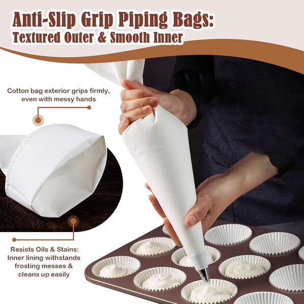 9-Piece Reusable Piping Bags and Tips Set with Stainless Steel Nozzles | Thick Cotton Bag, 6 Stainless Steel Tips, Secure Coupler and Brush for Cakes, Cupcakes and Cookies Decorating, Easy to Reuse7