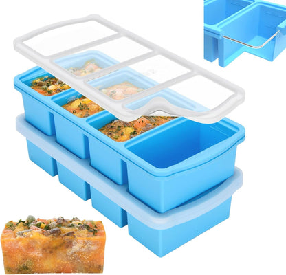 Silicone Freezer Trays with Lid,1-Cup Soup Freezer Container Large Ice Cube Molds with Reinforced Steel Ring Top for Freezing Soup Sauce Broth Leftovers Oven Dishwasher -Safe(2-Pack)1