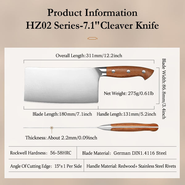 Cleaver Knife 7.1 Inch, German 1.4116 Steel & Ergonomic Red Wood Handle, Sharp Meat Cleaver for Meat Cutting Vegetable Slicing6