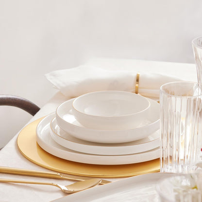 Streamline New Saturn 59-Piece Dinnerware Set for 12 People,New Generation Bone, Dinner Plates, Pasta Bowls,Salad/Cereal Bowls,Side Plates, Serving Platters,Porcelain Crockery Set, White Gold5