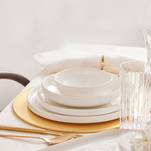 Streamline New Saturn 59-Piece Dinnerware Set for 12 People,New Generation Bone, Dinner Plates, Pasta Bowls,Salad/Cereal Bowls,Side Plates, Serving Platters,Porcelain Crockery Set, White Gold5
