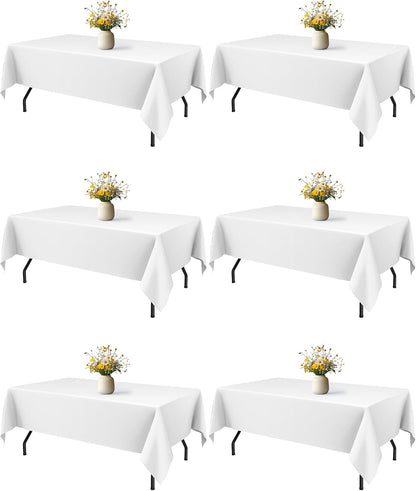 White Polyester Table Cloth, 6 Pack, 60 X 84 in | Rectangle, 5 Ft Tables, Washable, Wrinkle Resistant, Weddings Parties1