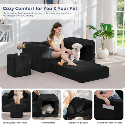 Folding Sofa Couch, Convertible Floor Sofa with Armrest, Multifunctional Sofa with Pillow and Pockets, Boneless Couch for Living Room, Black6