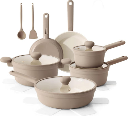 Ceramic Nonstick Pots and Pans Set 17Pcs Taupe | Healthy Nontoxic Ceramic Coating, Compatible with All Stoves Including Induction Cooktops, PFAS PTFE PFOA PFOS Free1