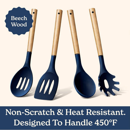 Non Stick Silicone Utensil Set with Rounded Wood Handles for Cooking and Baking, 8 Piece Set, Navy5