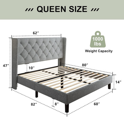 Queen Bed Frame with Upholstered Wingback Headboard, Platform Bed and Heavy Duty Wooden Slats Support, Easy Assembly, Noise-Free, No Box Spring Needed, Light Gray2