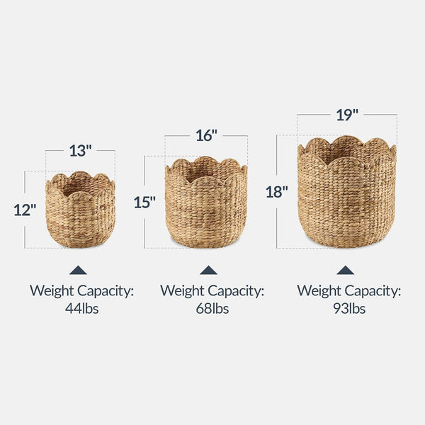 3Pc Water Hyacinth Scalloped Multipurpose Nesting Baskets, Storage Bin Organization Totes for Living Room, Bedroom, Nursery, Laundry Room - Natural2