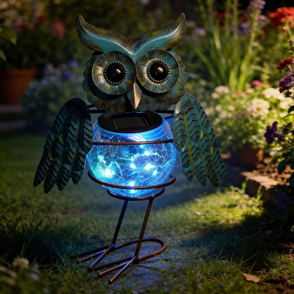 Solar Lights Outdoor Garden Owl Decor, Vibrant Blue Metal Owl Solar Light Waterproof with Glowing Crackle Glass Globe, Yard Art Statue for Lawn Porch Patio Garden Gifts5