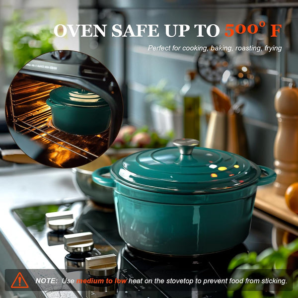 Enameled Cast Iron Dutch Oven - 7QT Pot with Lid Cookbook & Cotton Potholders - Heavy-Duty Cookware for Braising, Stews, Roasting, Sourdough Baking Bottle Green5