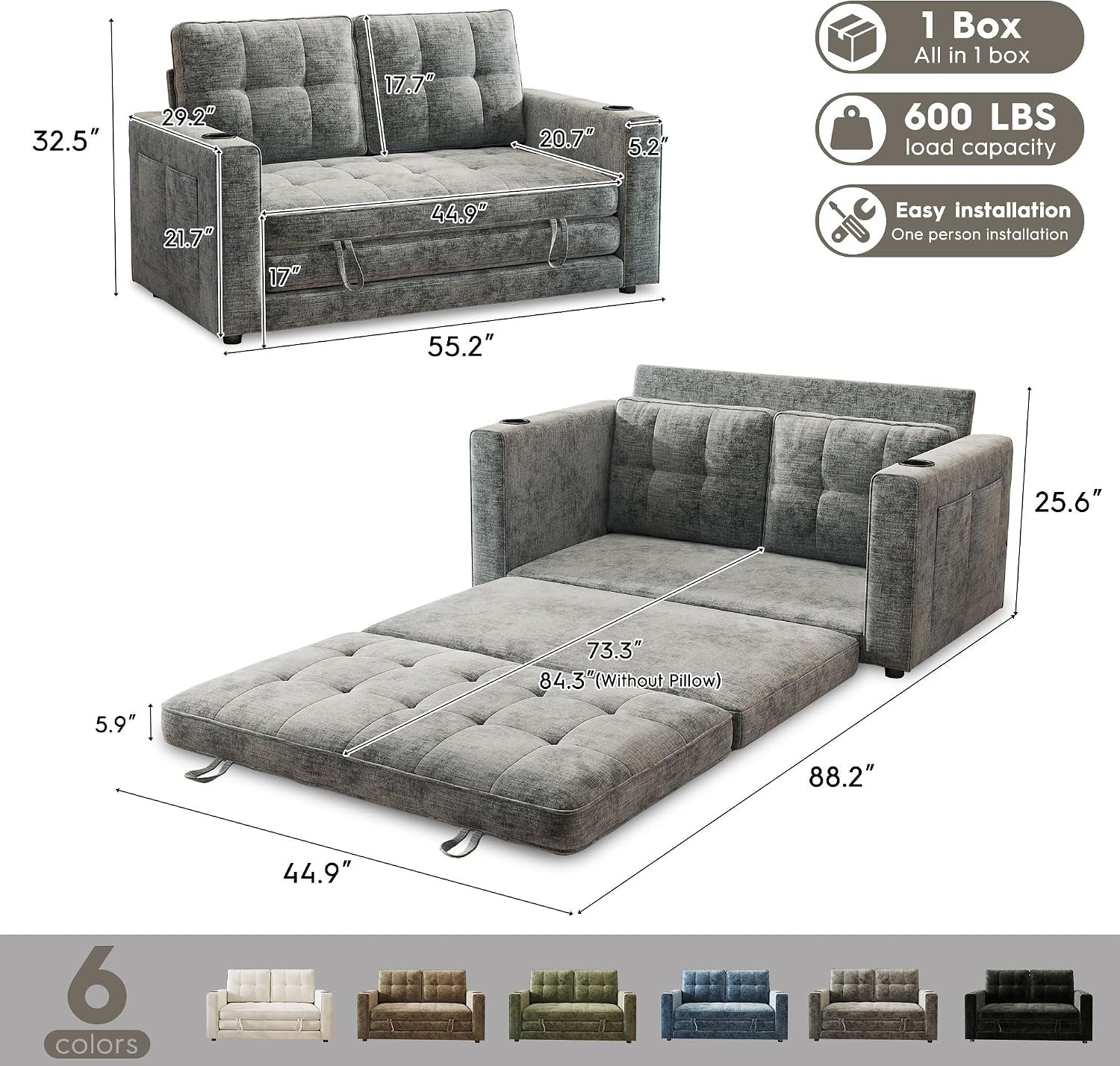 55-convertible-folding-sofa-bed-pull-out-couch-love-seat-sleeper-bed-small-fold-out-loveseat-sleeper-with-cup-holder-and-pillow-for-small-space-bedroom-lounge-dorm-living-roomgrey-chenille