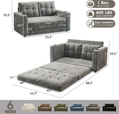 55" Convertible Folding Sofa Bed, Pull Out Couch Love Seat Sleeper Bed, Small Fold Out Loveseat Sleeper with Cup Holder and Pillow for Small Space, Bedroom Lounge, Dorm, Living Room(Grey Chenille)2