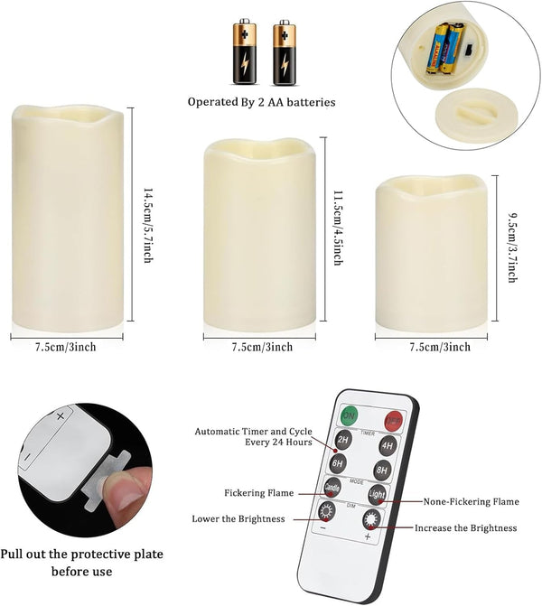 Flameless Candles 4" 5" 6" Outdoor Indoor Pillars Battery Operated Flickering Candles Include 10-Key Remote Timer 400+ Hours by 2 AA Batteries (Ivory Candle - Warm Light, 3"D X 4"|5"|6" H - 12 Pack)4