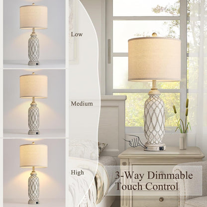 28" Table Lamps for Living Room Set of 2, Farmhouse Lamps for Bedroom with USB A+C Charging Ports, Touch Lamps for Nightstand, 2 Bulbs Included2