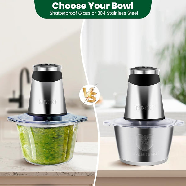 500W Meat Grinder 2×8-Cup Bowls 2 Blades Food Chopper | Glass+Stainless Bowl, Stainless Steel Blades for Meat/Veggies/Nuts. Easy to Clean, Ideal for Daily Kitchen Prep.5