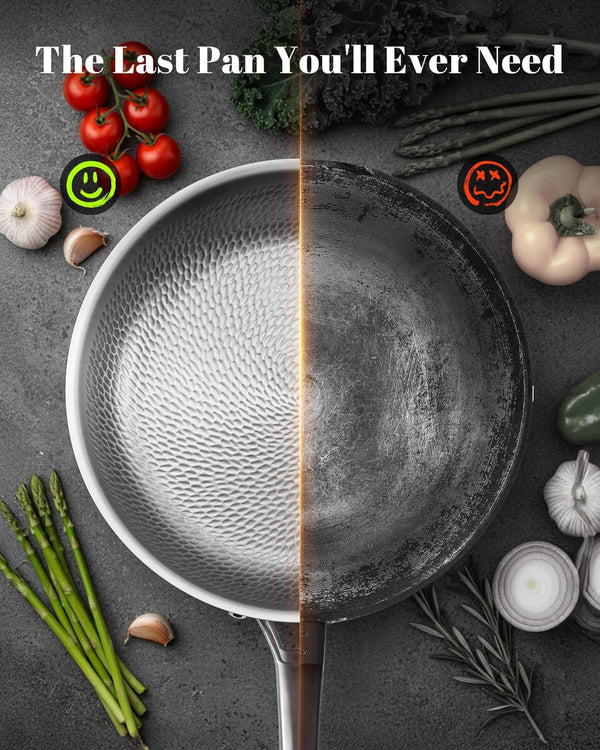 Titanium Pans Set for Cooking, 8"+10"+12" Non-Toxic Paella Pan with Lid | Titanium Hammered Pro Skillet,Pfas/Pfoa/Ptfe Free Cookware, Dishwasher&Oven Safe, Kitchen Induction Compatible3