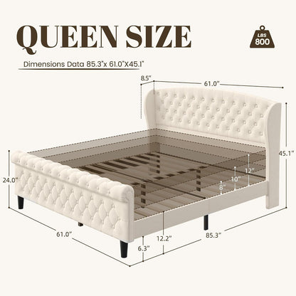 Queen Platform Bed Frame, Velvet Upholstered Sleigh Bed with Wingback Tufted Headboard and Footboard, Noise-Free Design, Easy Assembly, No Box Spring Needed, Light Beige2