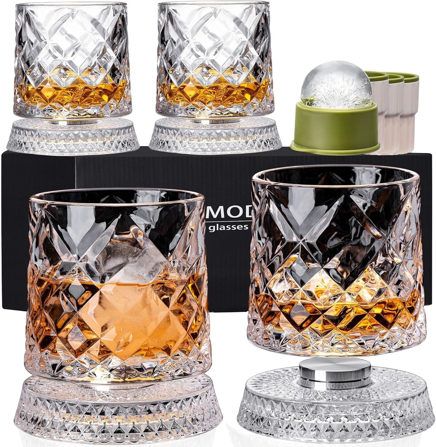 spinning-whiskey-glasses-set-of-4-9-5-oz-with-rotating-bases-whiskey-gift-includes-ice-ball-molds-ideal-for-bourbon-scotch-old-fashioned-gift-for-whiskey-lovers