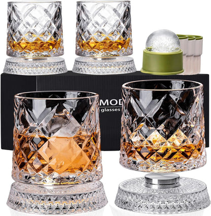 Spinning Whiskey Glasses Set of 4, 9.5 Oz with Rotating Bases, Whiskey Gift | Includes Ice Ball Molds; Ideal for Bourbon, Scotch, Old Fashioned; Gift for Whiskey Lovers1