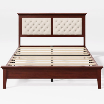Solid Wood Queen Bed Frame 41.5” Tall Diamond-Tufted Upholstered Headboard, American Classic Flat-Top Bed, Stable Structure, Wood Slats Support, Noise-Free, No Box Spring Needed, Redish Brown4