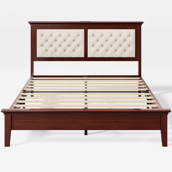 Solid Wood Queen Bed Frame 41.5” Tall Diamond-Tufted Upholstered Headboard, American Classic Flat-Top Bed, Stable Structure, Wood Slats Support, Noise-Free, No Box Spring Needed, Redish Brown4