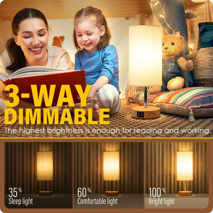 Bedside Table Lamp with USB Ports - Touch Control for Bedroom 3 Way Dimmable Nightstand Lamp with round Fabric Shade for Living Room, Dorm, Home Office, Corded Electric, without Battery2
