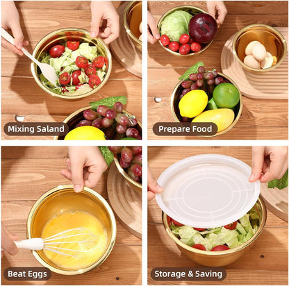 7 Pcs Gold Kitchen Accessories Includes Stainless Steel Colander with Handles, 3 Gold Mixing Bowls with Airtight Lids and 3 Fine Mesh Strainer (Colander: 4 Qt, Mixing Bowls: 1/1.5/2 Qt)5