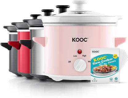 Small Slow Cooker, 2-Quart, Free Liners Included for Easy Clean-Up, Upgraded Ceramic Pot, Adjustable Temp, Nutrient Loss Reduction, Stainless Steel, Pink, Round1