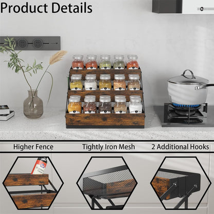 3 Tier Spice Rack Organizer for Cabinet, Foldable Spice Rack for Countertop, Cabinet Drawers Rustic Wooden Seasoning Spice Storage for Kitchen Station, Pantry, Home - 1PC3