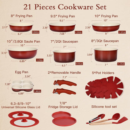 21PCS Pots and Pans Set Non Stick,Kitchen Cookware Set Detachable Handle,Red and Black Gradient Pot and Pan Set,Non Toxic Cooking Pan Set with Frying Pans Set,Rv Cookware Sets for All Stoves2