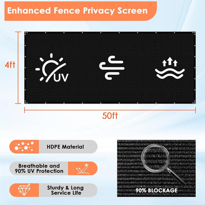 Icover 4X50Ft Privacy Screen Fence, Outdoor Fencing Panels, Garden Windscreen Mesh Shade Sail Net Barrier, Include Reinforced Bindings and Brass Grommets Cable Zip Ties, Black3