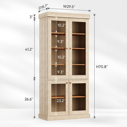 70.8" Tall Farmhouse Modular Kitchen Pantry Cabinet with Glass Doors, Wooden Storage Hutch with 6-Tier Adjustable Shelves for Kitchen Organization, Set of 4, Brown2