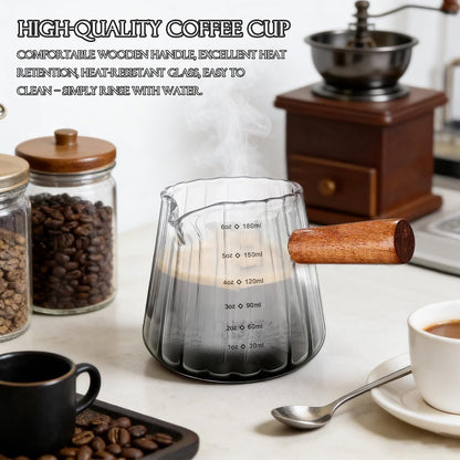 6OZ Wooden Handle Espresso Measuring Cup, Borosilicate Glass Milk Frothing Pitcher with Double Scale & V-Shaped Spout, Dishwasher Safe Coffee Accessories3