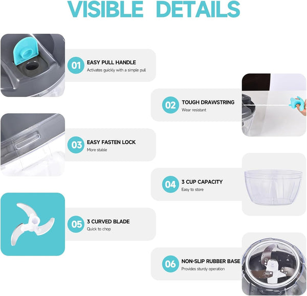Manual Food Processor Vegetable Chopper, Portable Hand Pull String Garlic Mincer Onion Cutter for Veggies, Ginger, Fruits, Nuts, Herbs, Etc., 500Ml,（Gray-Blue）8